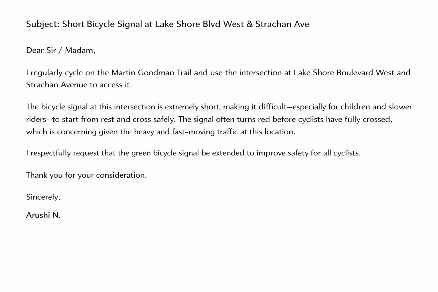 Letter requesting longer bicycle signal at Lake Shore Blvd West & Strachan Ave
