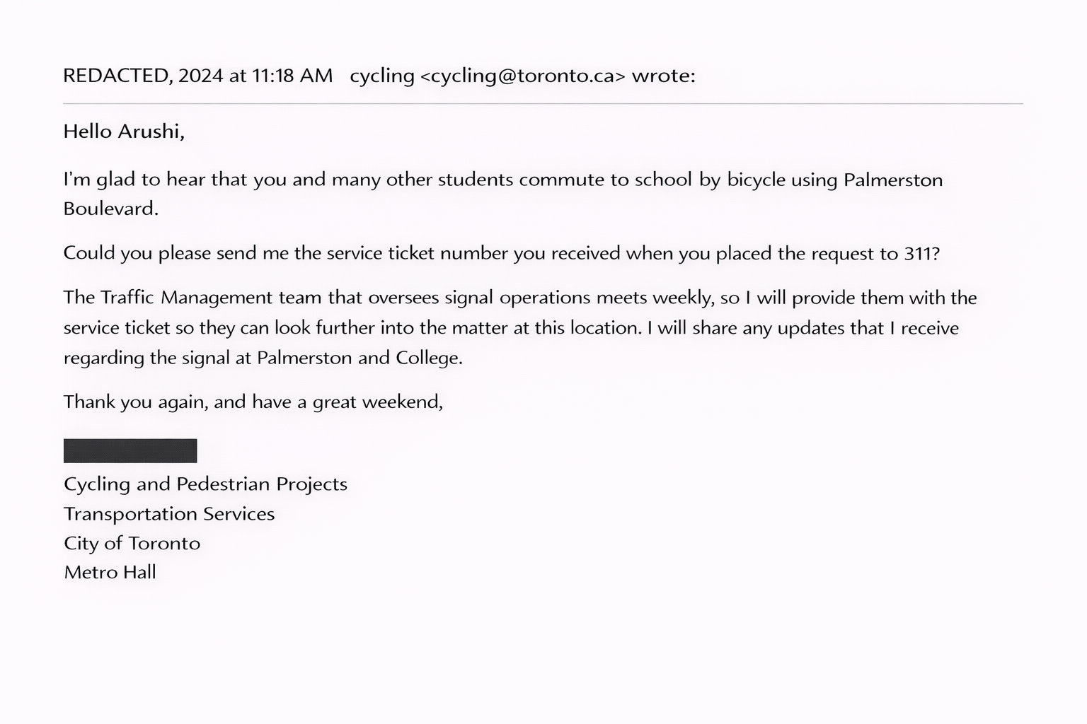 City of Toronto Cycling & Pedestrian Projects response requesting 311 service ticket number