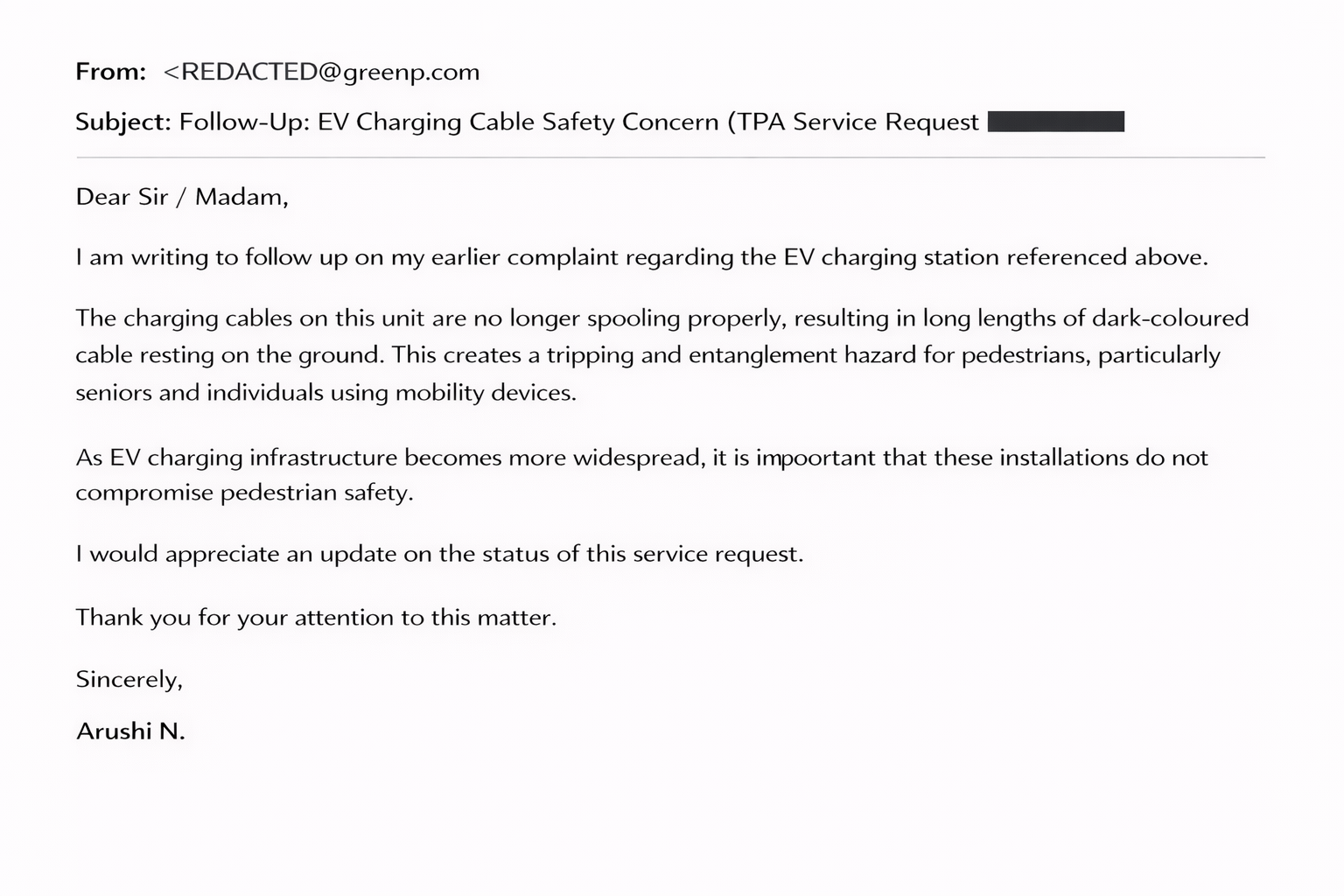 Follow-up email about EV charging cable safety concern and trip hazard