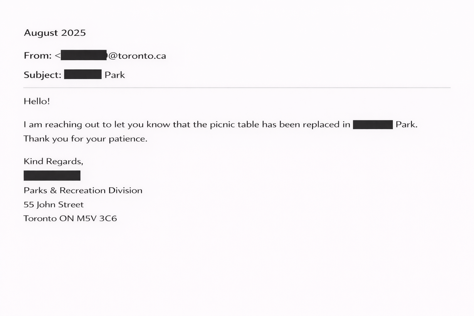 Parks & Recreation email confirming picnic table replaced