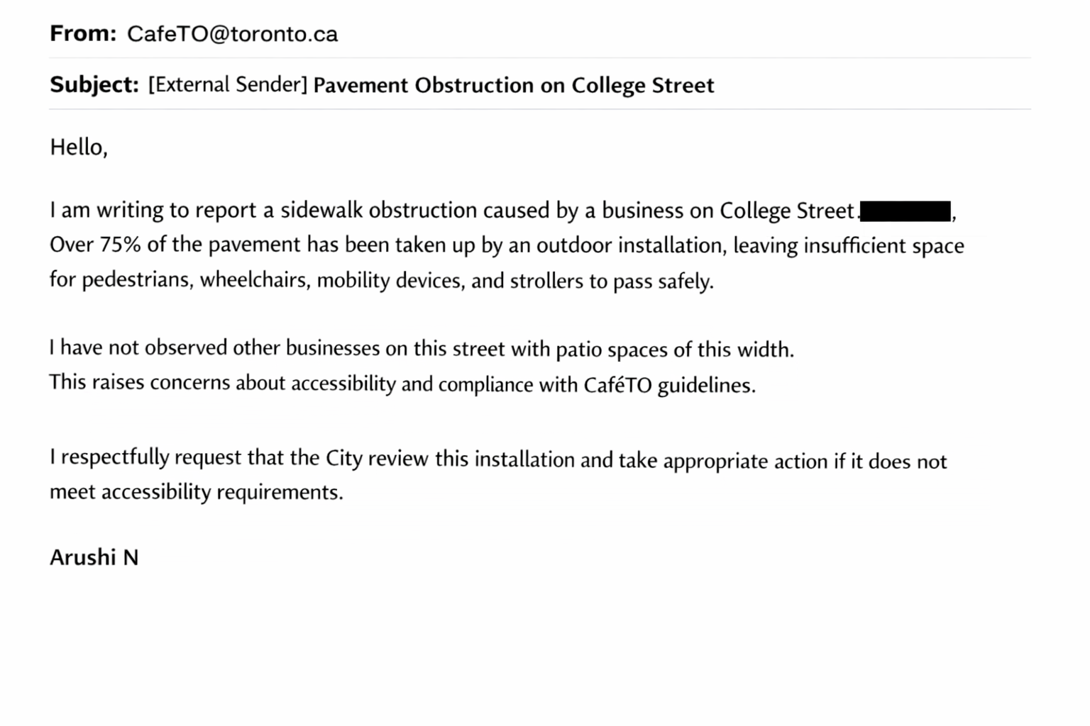 Email to CafeTO reporting pavement obstruction on College Street