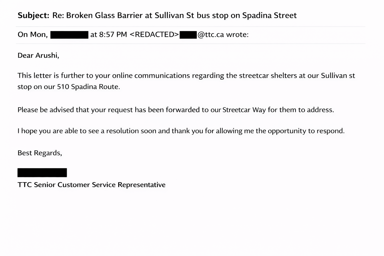 TTC response forwarding request about broken glass barrier at Sullivan St stop